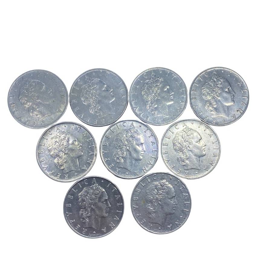 lot of 9  x 50 lira coins rervbblica italiana dated between 1955 and 1978