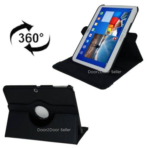 Free Stylus + 10.1" TAB 3, Samsung Galaxy P5200 Black Swivel Case Leather Rotating Cover
