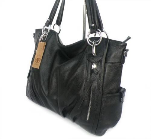 Woman's Genuine Leather Black Large Ladies Shoulder Bag