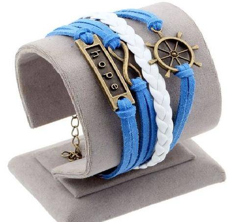 Blue and white Infinity Charm Bracelet in Antique Bronze ,Wax Cords and Leather