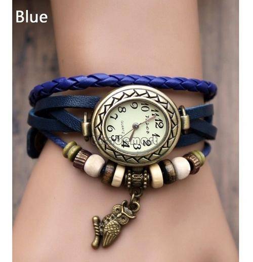 Blue Women Leather Wrist Watch Bracelet, Retro Vintage Owl Pendant Weave Wrap