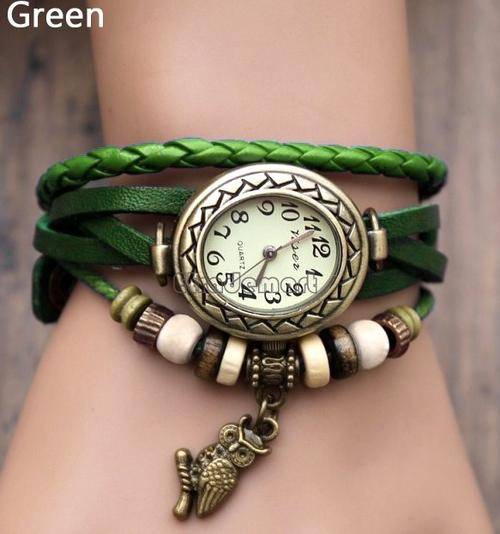 Green Women Leather Wrist Watch Bracelet, Retro Vintage Owl Pendant Weave Wrap