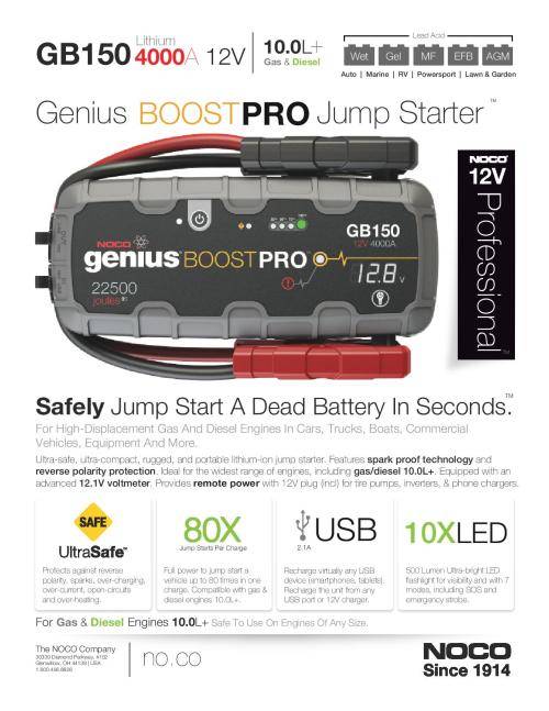 NOCO Genius GB150 Boost Pro 4000A 12 Ultrasafe Lithum Jump Starter