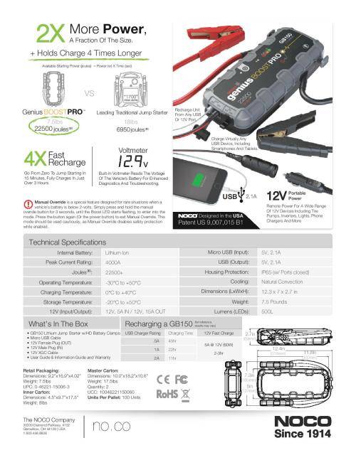 NOCO Genius GB150 Boost Pro 4000A 12 Ultrasafe Lithum Jump Starter