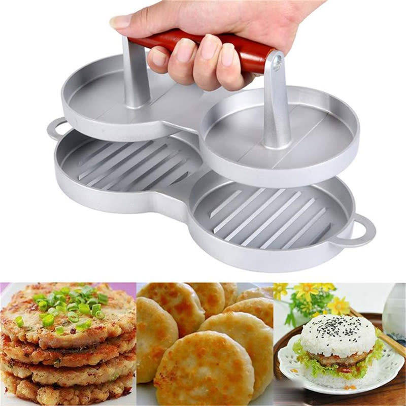 Easy Grip Aluminum Double Burger Press Round Double Compartment Burger Mold