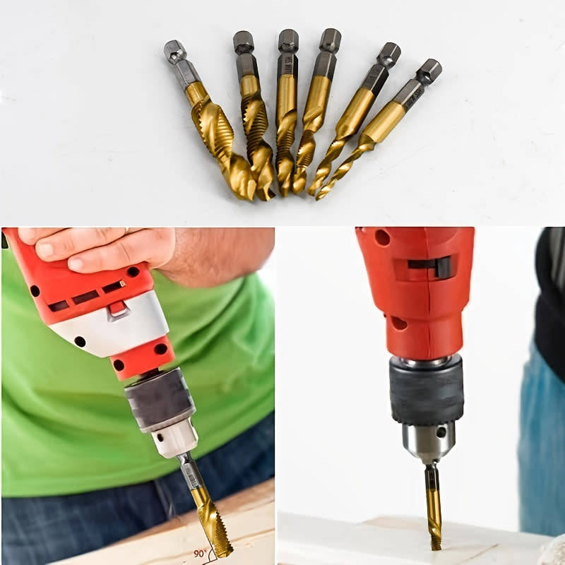 Set of 6, M3-M10 Titanium Coated HSS Composite Tap Drill 1/4` Hex Shank Spiral Metalworking Tools