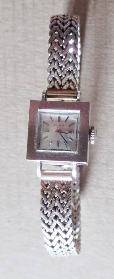 VINTAGE LADIES CYMA 18 CT. WHITE GOLD WATCH AND STRAP