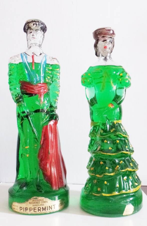 1970`s SPANISH NOGUERAS GOMAS BARCELONA HAND PAINTED AND MOULDED PEPPERMINT LIQUOR BOTTLES