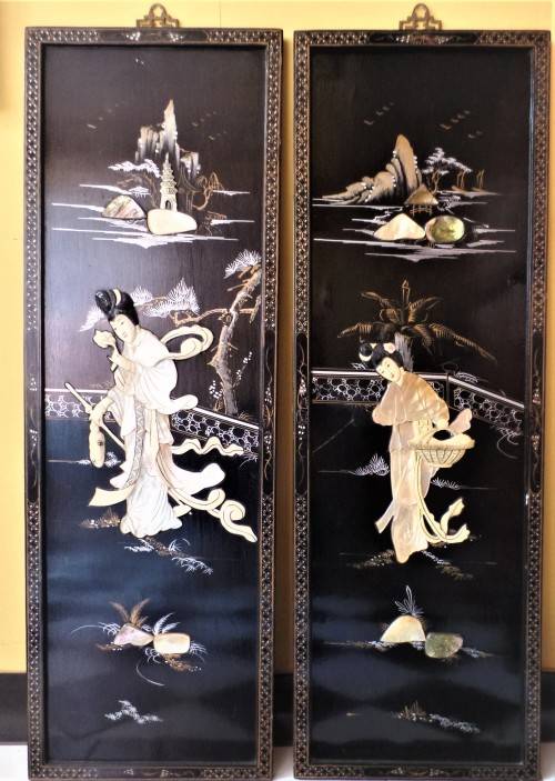 PAIR OF VINTAGE CHINESE MOTHER OF PEARL AND  LACQUER WALL HANGINGS