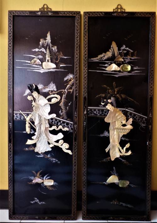 PAIR OF VINTAGE CHINESE MOTHER OF PEARL AND  LACQUER WALL HANGINGS
