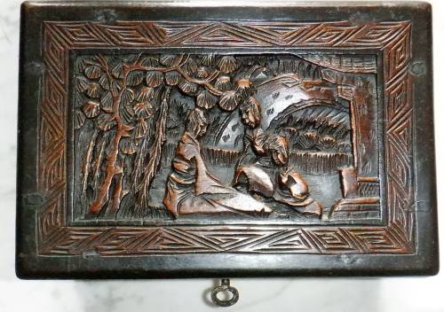 Vintage carved camphorwood jewellery box with key