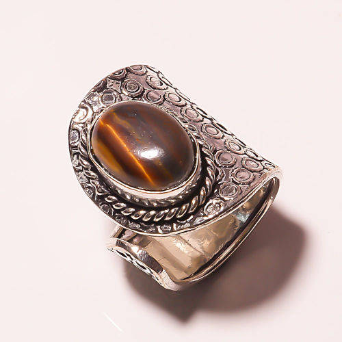 HANDMADE .925 SILVER YELLOW LUSTER TIGER EYE RING SIZE 7