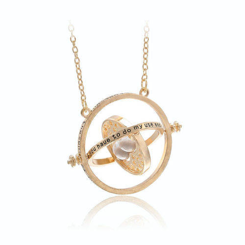 Harry Potter Time Turner Necklace, Granger Rotating Spins, Gold Hourglass