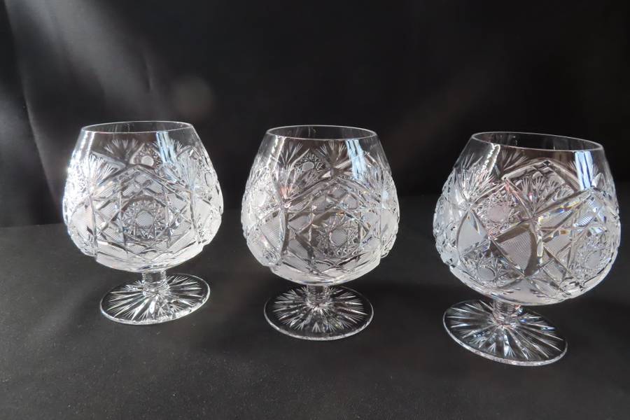 Bohemia Crystal Hand Cut Brandy Glasses x 6 Made in Czechoslovakia.