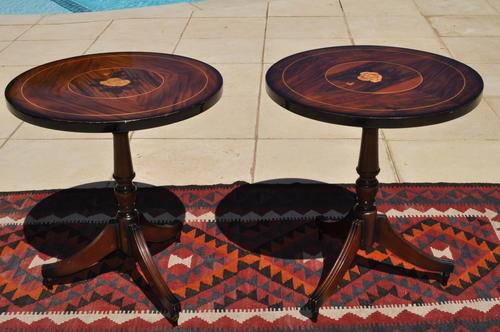 Pair of "Flame"  Mahogany  Inlaid Flower Pattern Side Tables - Beautiful !!  -- Collections Only !!!