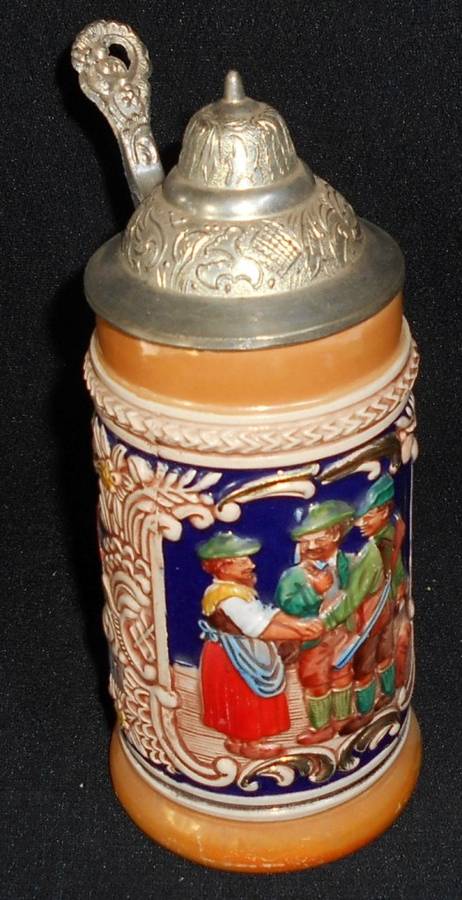 Vintage West German DBGM Ceramic Tankard withPewter Flip Lip