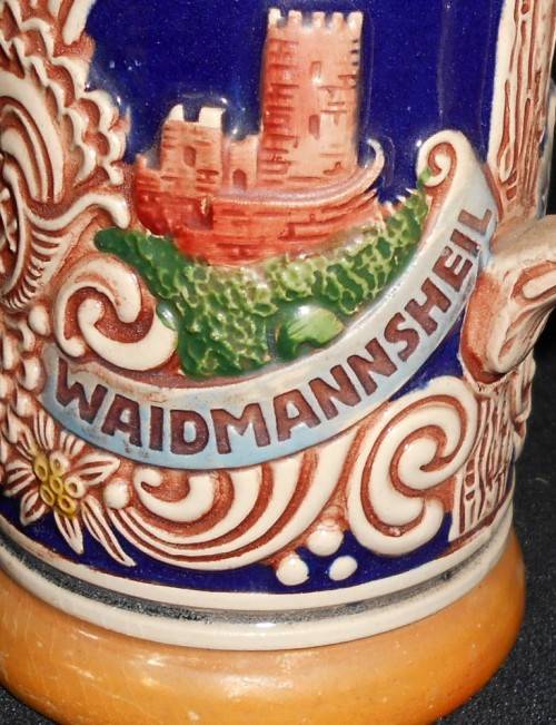 Vintage West German DBGM Ceramic Tankard withPewter Flip Lip