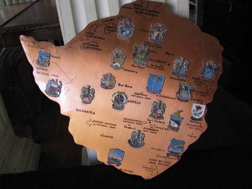 NOSTALGIC COLLECTORS ITEM...COPPER MAP OF RHODESIA WITH BADGES & OLD PLACE NAMES @CRRAAZY R1 START