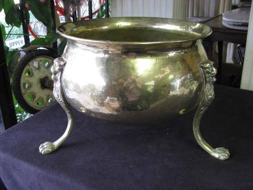 Antique Brass Plant Holder Or Container With Lion Head Detail And Lion Paw Feet