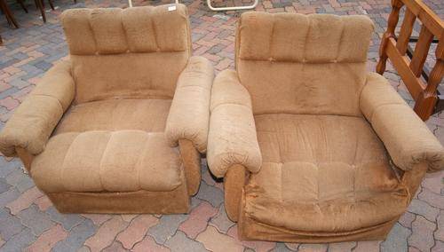 Vintage Pair Brown Material Easy Chairs