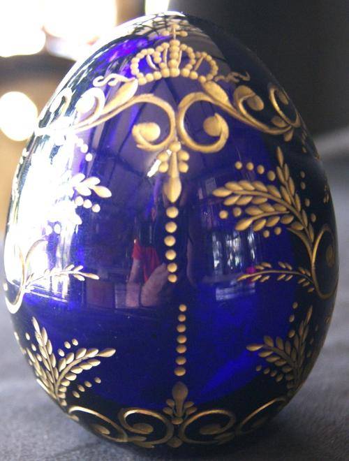Vintage Faberge Cobalt Blue Double Headed Eagle Glass Crystal Egg Paper Weight