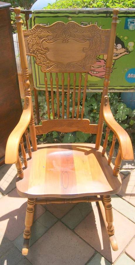 Vintage Oak Rocking Chair - Hand carved Back Design