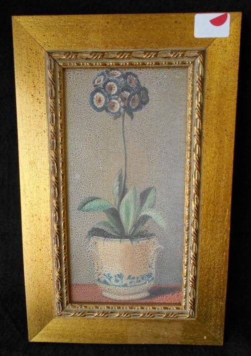 Vintage Glazed Potted Plant Acrylic Painting with Gold Frame