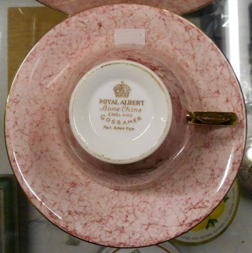 Vintage Royal Albert Gossamer Harlequin Pink Marbled Cup, Saucer and Plate Trio