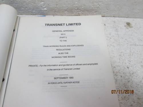 SAR TRANSNET LTD. TRAIN WORKING RULES AND EXPLOSIVES REGULATIONS BOOK - LOT 840U