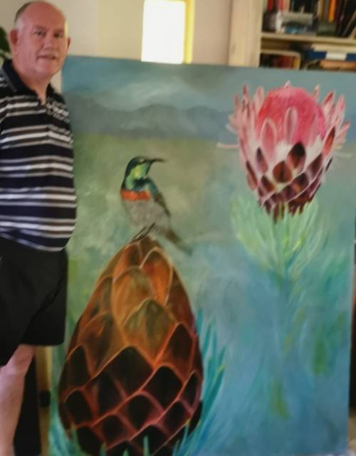 Cape Sugarbird with Proteas 1600 x 1220 x 60 deep