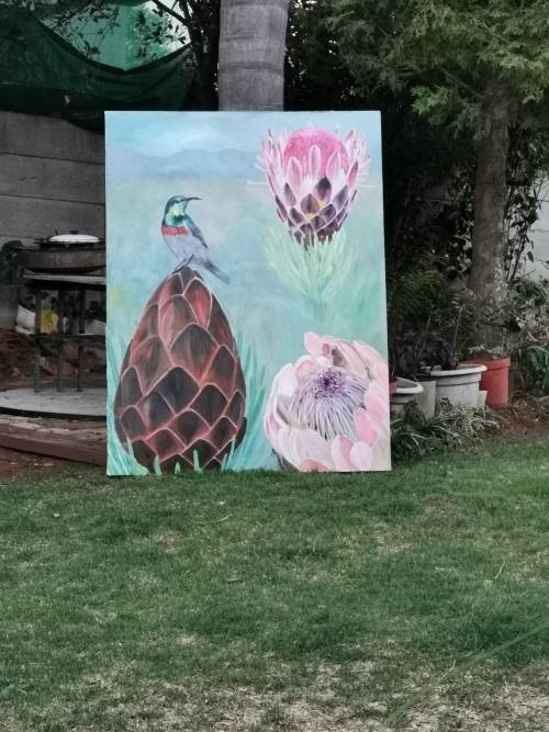 Cape Sugarbird with Proteas 1600 x 1220 x 60 deep