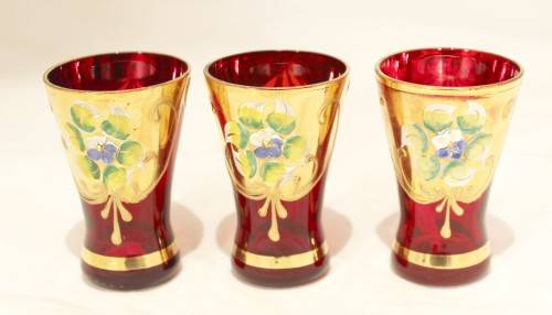Venetian style - Red shooter glasses - A beautiful 3 piece set! - Low price!! - Bid Now!