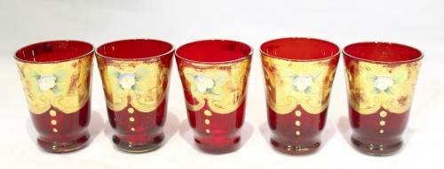 Venetian style - Red shooter glasses - A beautiful 5 piece set! - Low price!! - Bid Now!