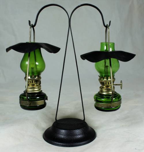 BEAUTIFUL VINTAGE SMALL PAIR OF HANGING OIL LAMPS-BID NOW!!