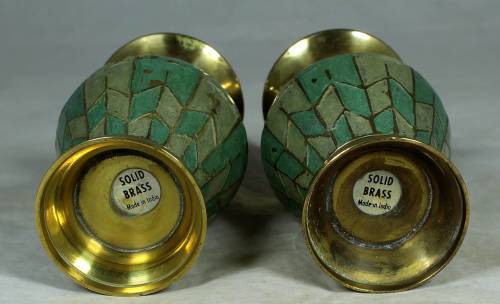 STUNNING PAIR OF SOLID BRASS VASES WITH METAL INLAY -BID NOW