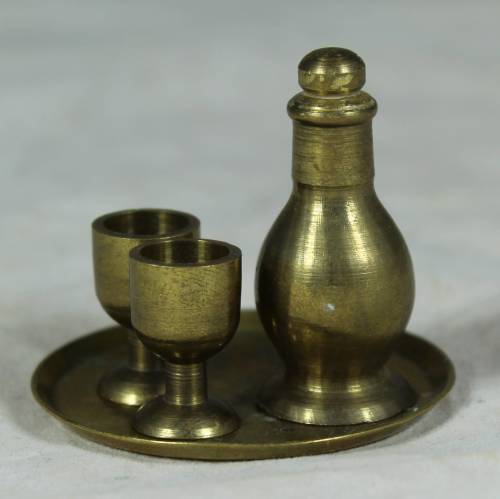 Miniature brass tray with bottle and 3 glasses