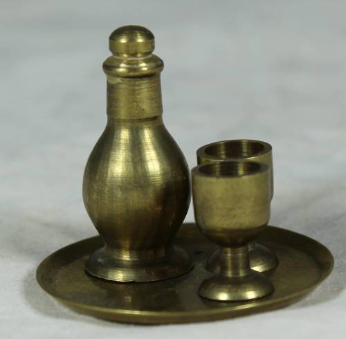 Miniature brass tray with bottle and 3 glasses