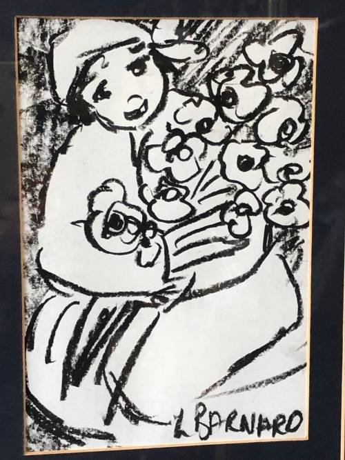 Lynette Barnard, `Young Girl with Flowers`, Monotone, Mixed Media, signed, 51cm x 58cm (with frame)