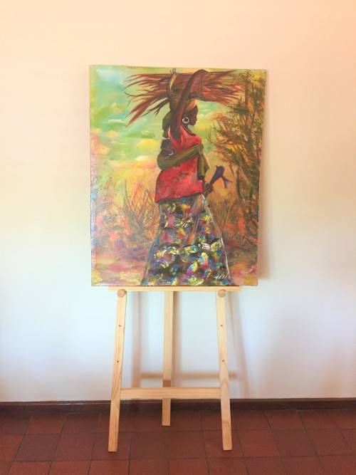 Fakebba Minteh (Faminteh) Gambian artist, Signed, "Mother & Child", Oil on Canvas, 70cm x 88cm