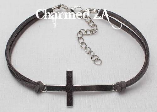 Grey Leather Cross Bracelet
