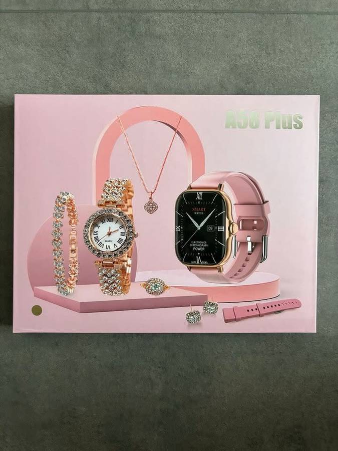 Women`s Luxury Gold Watch Unique Gift Set, Gold Necklace, Ring, Double Band, Smart Watch