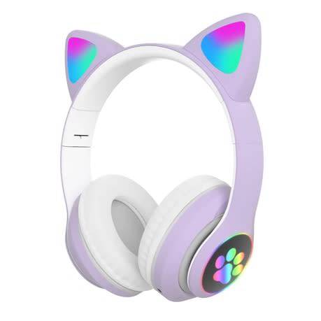 NC Flash Light Cute Cat Ears Wireless Headphones with Mic Cancontrol - Purple