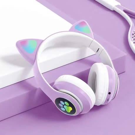 NC Flash Light Cute Cat Ears Wireless Headphones with Mic Cancontrol - Purple