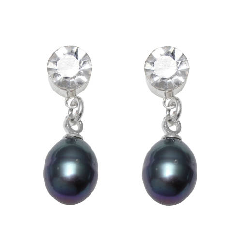 Sparkling 8mm Genuine Cultured Pearl Earrings with Crystals