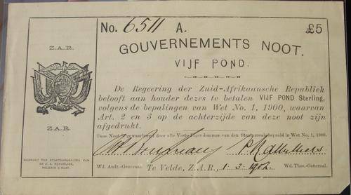 Gouvernements Noot Te Velde Five Pound 1st March 1902 HIGH GRADE