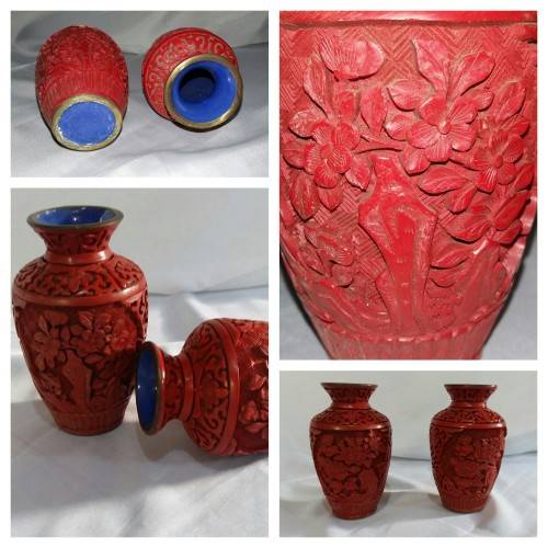 A set of Vintage Chinese Cinnabar laquer carved vases with floral motif - see pics.