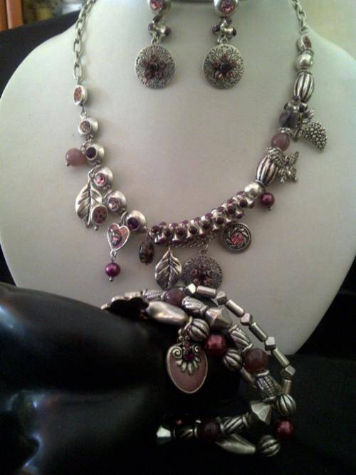 CLASSICAL MAROON EMBELISHED Necklace, EARINGS & bracelet set.  "LAST ONE".