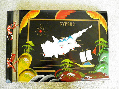 Large  Antique Wood and Laquer Photo Album Handpainted Black Pages Cyprus circa 1940