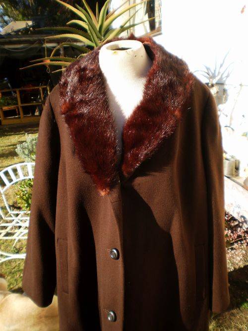 1960's Chocolate Brown Wool Coat with Large Mink Collar Excellent Condition size 14