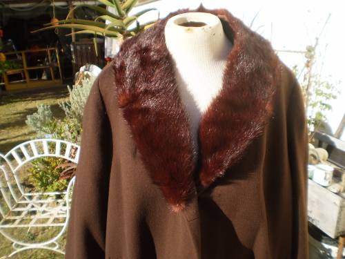 1960's Chocolate Brown Wool Coat with Large Mink Collar Excellent Condition size 14
